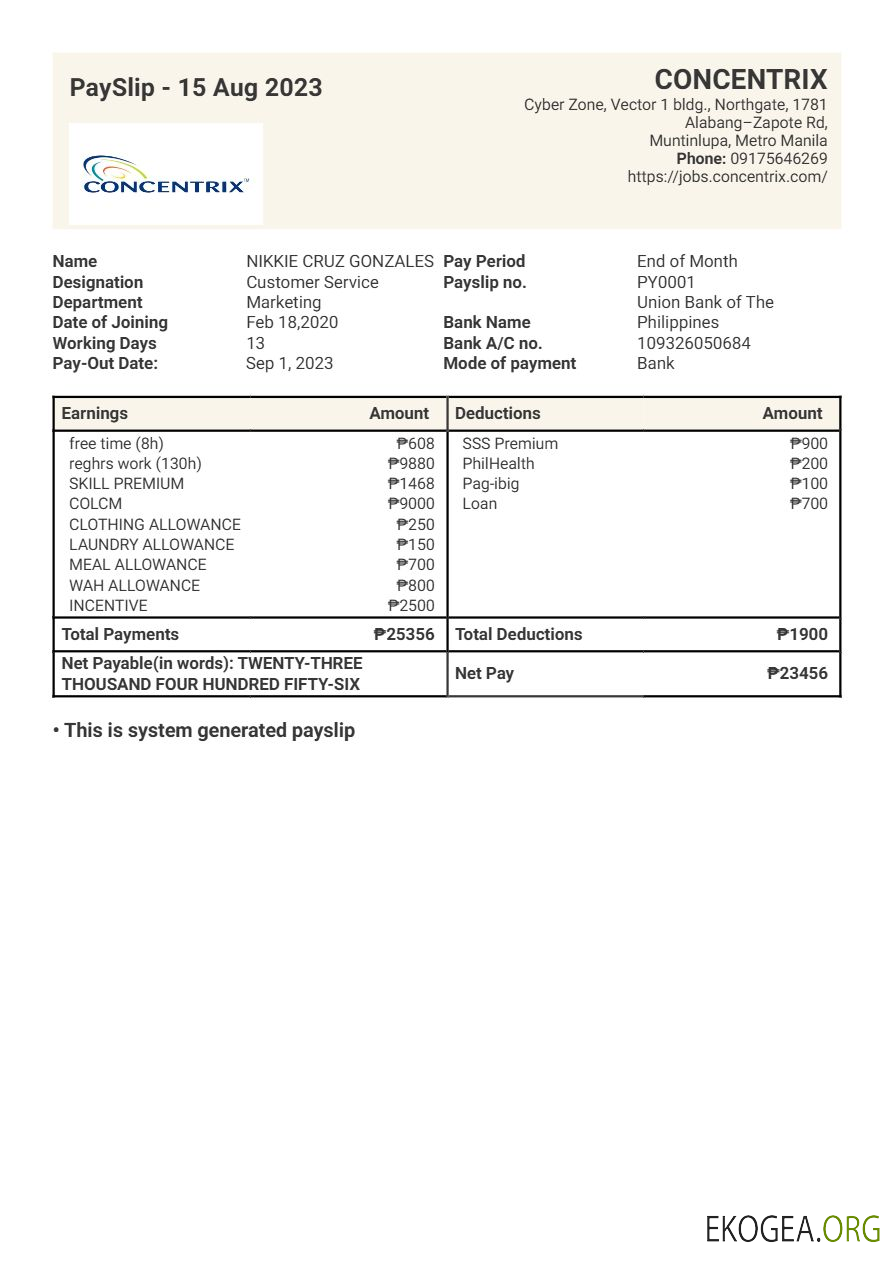 Modèle de fiche de paie pour la technologie et les services Concentrix aux formats Word et PDF.pdf, 1